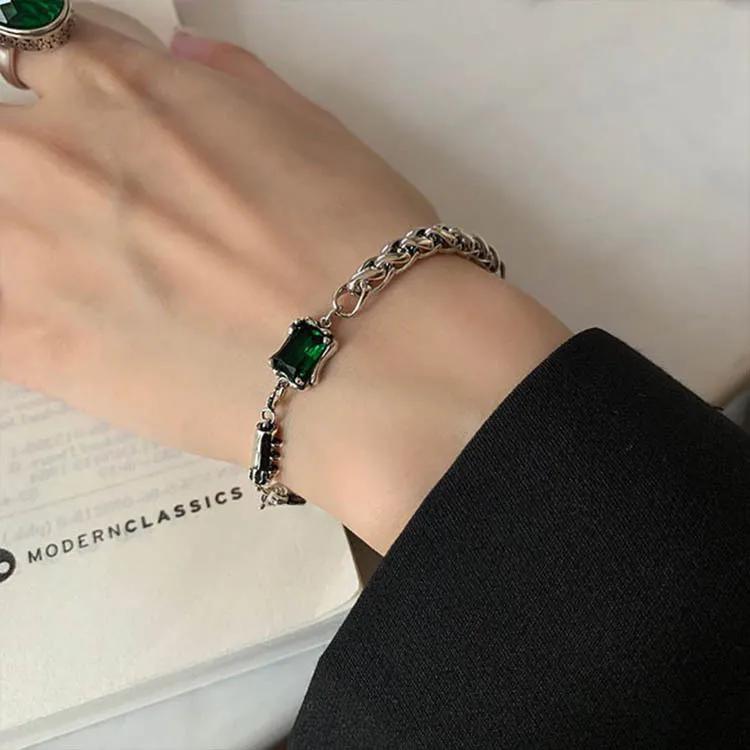

KOFSAC Vintage 925 Sterling Silver Bracelets For Women Thai Silver Chain Jewelry Trendy Crystal Green Geometric Bracelet