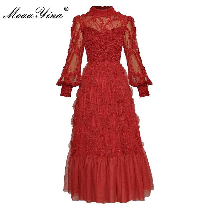 

MoaaYina модные дизайнерские весеннее платье для женщин с воротником-стойкой и цветочным узором Сетчатое платье-фонарь с длинными рукавами элегантное красное платье, вечерние платья