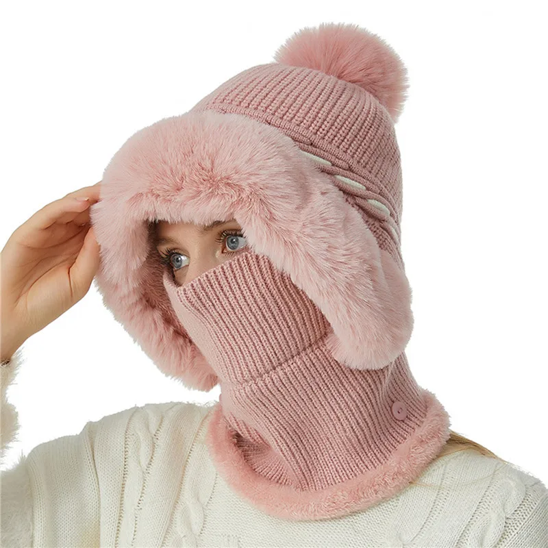 

Вязаная шапка с помпоном, плюшевая защита ушей, однотонная осенне-зимняя женская Обложка для лица, Шейная Шапка-бини для лыж