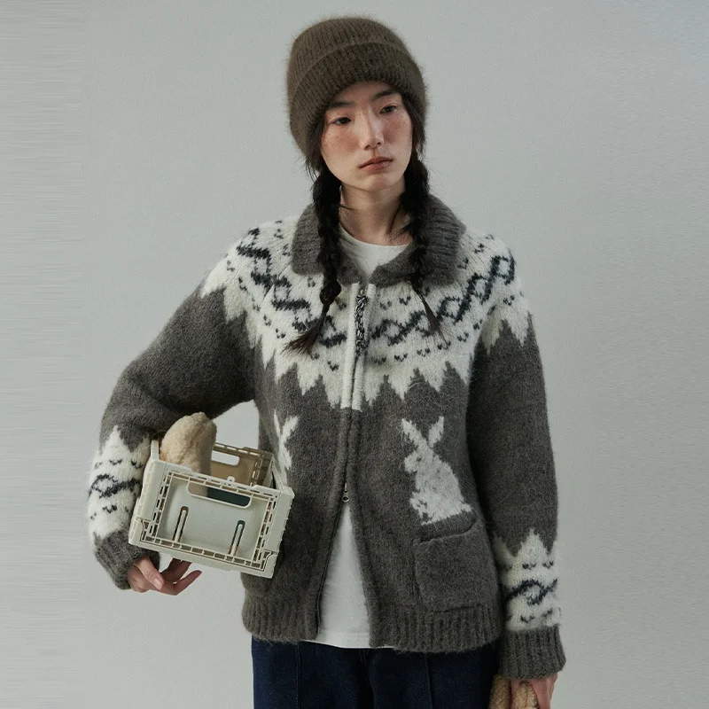 Fairisland серый жаккардовый свитер с кроликом и лацканами верхняя одежда женский