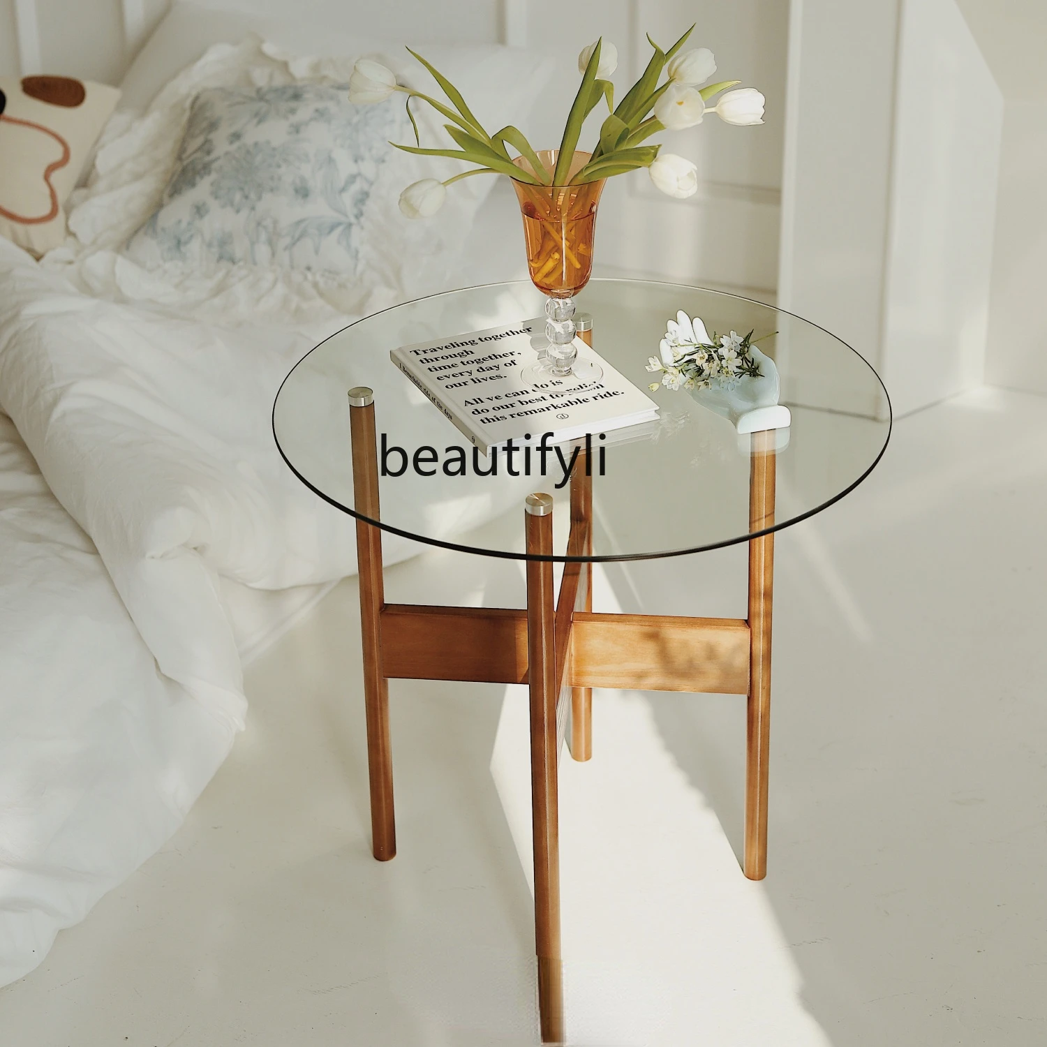 

zqNordic Simple Sofa Side Table Tempered Glass Tea Table Small round Table Solid Wood Side Table