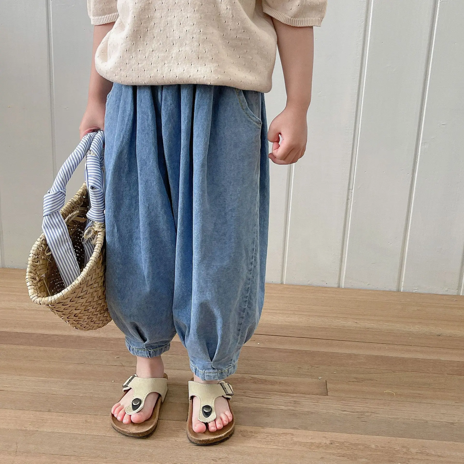 

2023 summer girls boys casual loose jeans pant baby kids children denim trousers