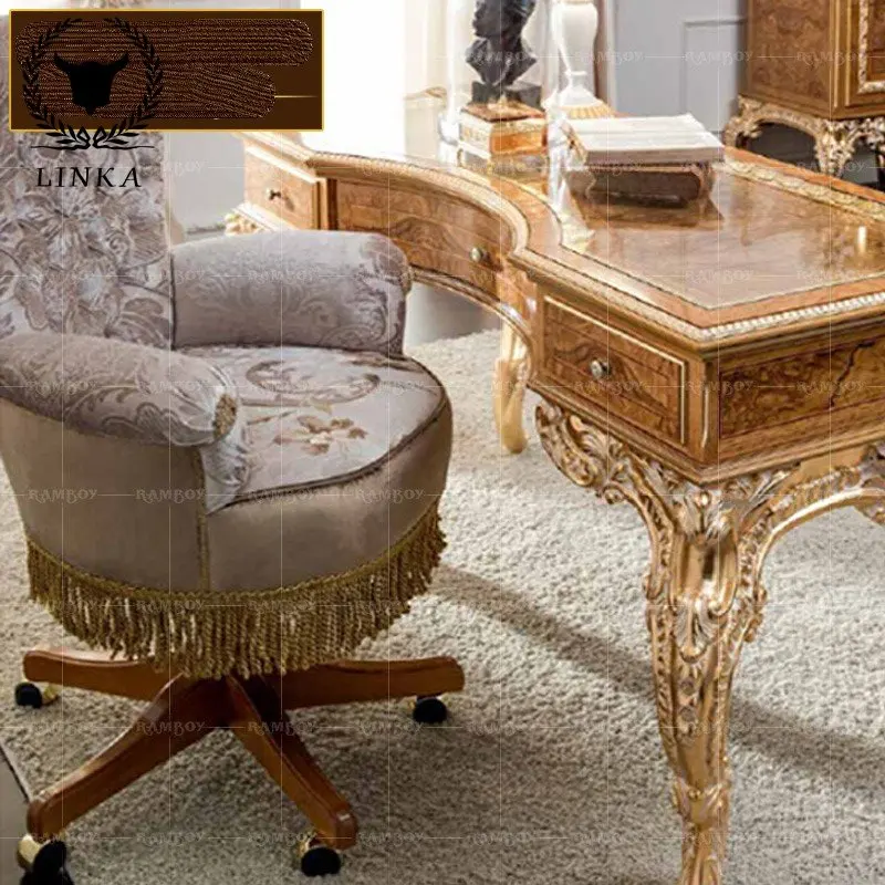 

European-style Computer Desk Luxury Italian Gold Foil Desk Solid Wood Carved Home Desk Study Furniture
