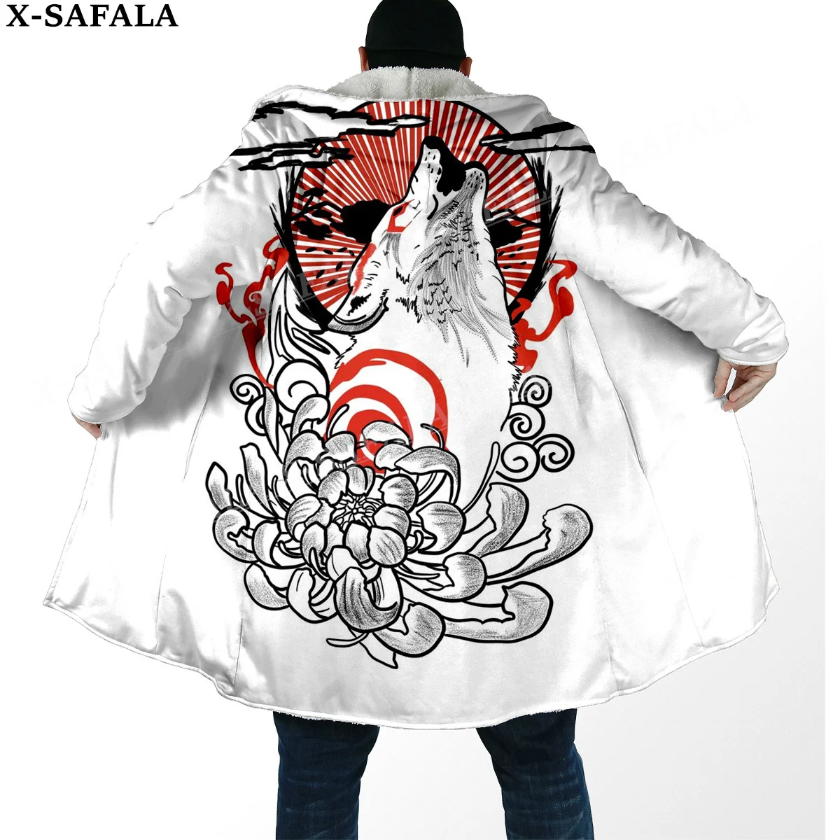 Толстая Теплая мужская накидка с капюшоном и принтом татуировок Okami Wolf пальто