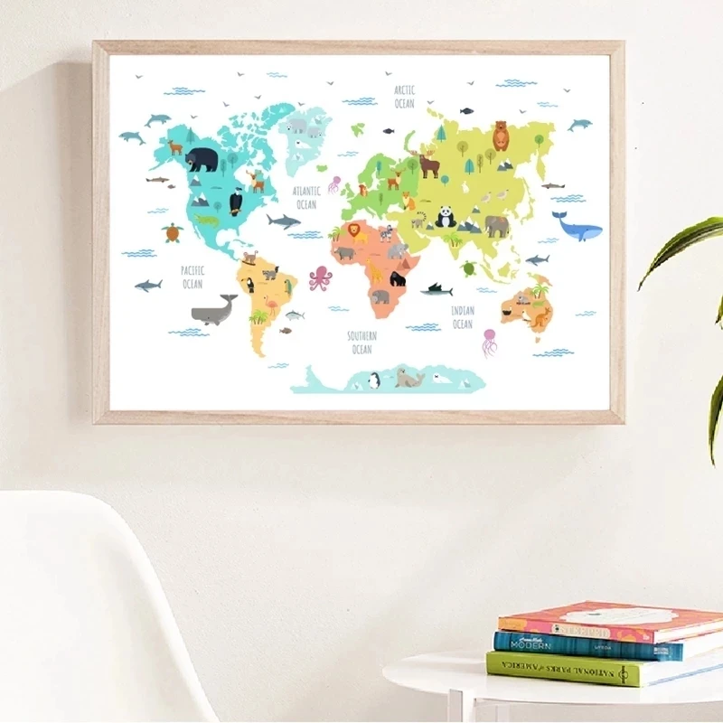 

Nordic Posters and Prints Kindergarten Animal World Map Wall Art Canvas Painting Children's Bedroom Room Decoration Picture