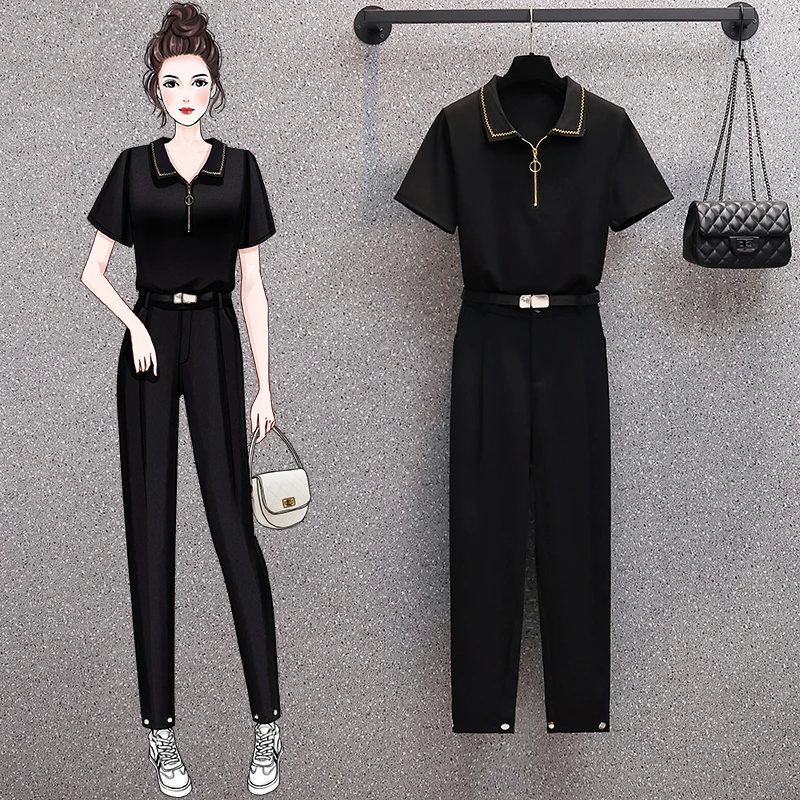 Женский трикотажный комплект из двух предметов тонкая черная футболка и