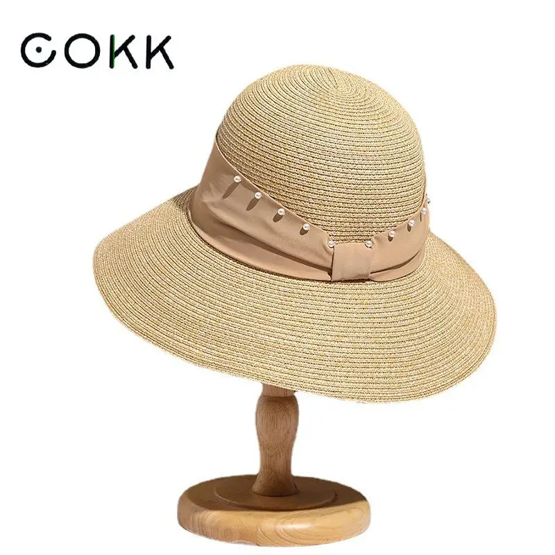 

COKK Summer Hats For Women Wide Brim Big Straw Sun Hat Female Sunshade Face Protection Beach Hat Panama Cap Gorro Sunhat New