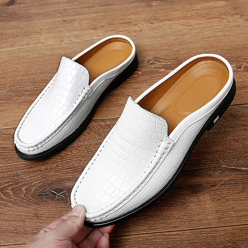

Summer Men Leather Shoes Black White Half Slippers for Mens Fashion Casual Flats Shoes Comfortable Half Drag Male Footwear