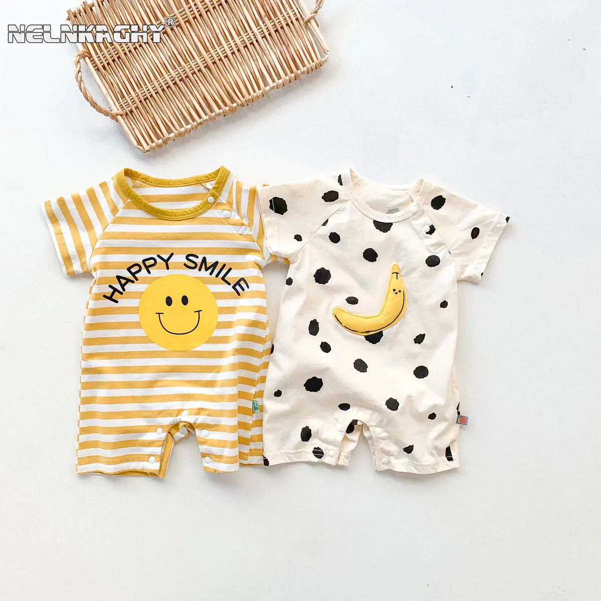 2023 New In Summer Infant Baby Girls Short Sleeve Stripe Print 3D Banana Dot Outwear Kids Newborn Jumpsuits Cotton Romper