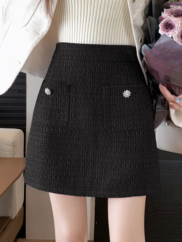 QOERLIN Твидовые мини-юбки женские с высокой талией на молнии сзади короткие юбки 2024
