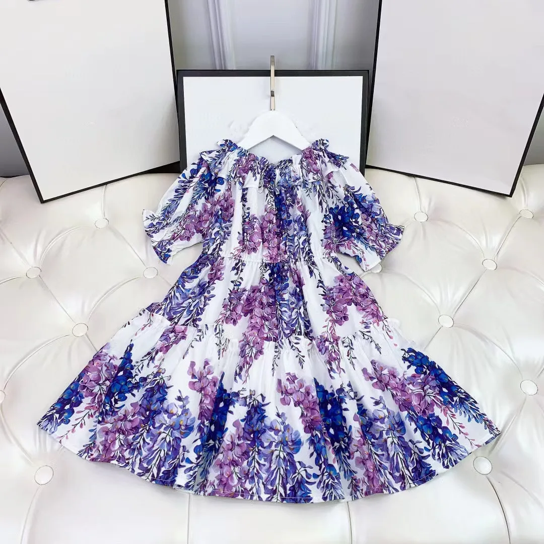 

2022 Summer high quality fashion brand off shoulder printed Pleated Skirt Girls Dress 2 4 6 8 10 years old