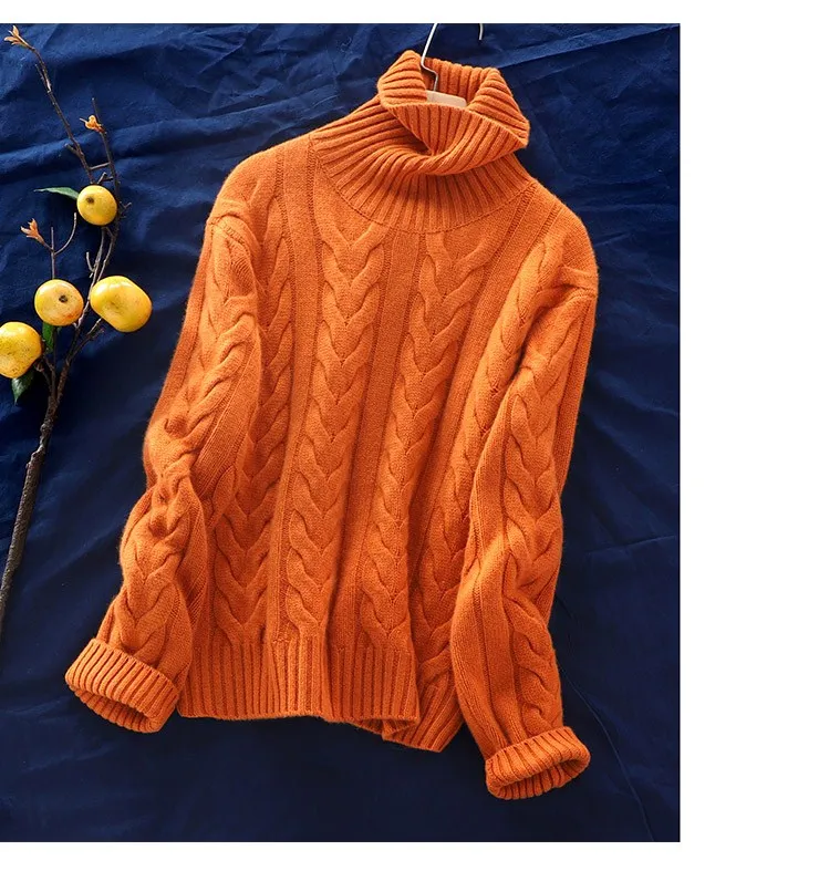 

Big Love Pumpkin-Orange Heavy Cashmere Sweater Three-Dimensional Wheat-Pin Turtleneck Cashmere Sweater Women's Loose Sweater