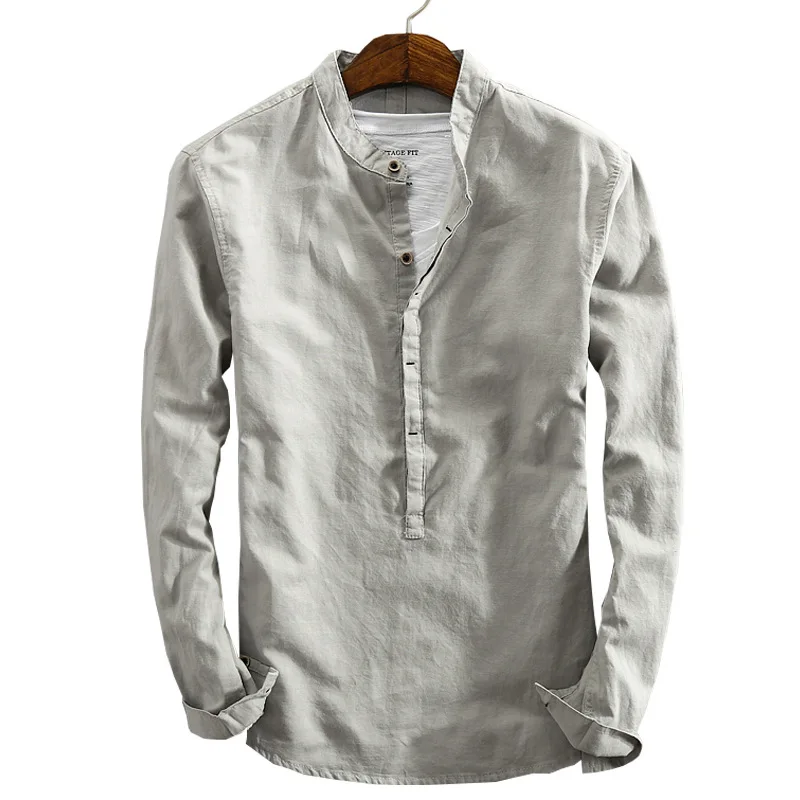 Helisopus Winter New Men's Cotton Linen Shirt Japanese Retro Stand Collar Solid Pullover Harajuku Male Shirt Plus Size 5XL