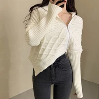 chic women zipper irregular sweaters ladies 2022 autumn winter knitted full sleeve loose casual female cardigans knitwear f505