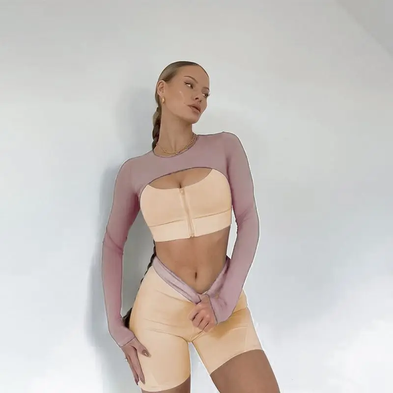 Women Sexy Tracksuits Long Sleeve Cut Out Corset Top Bicolor Two Piece Set High Waist Skinny Shorts 2021 Summer Joggers Outfits