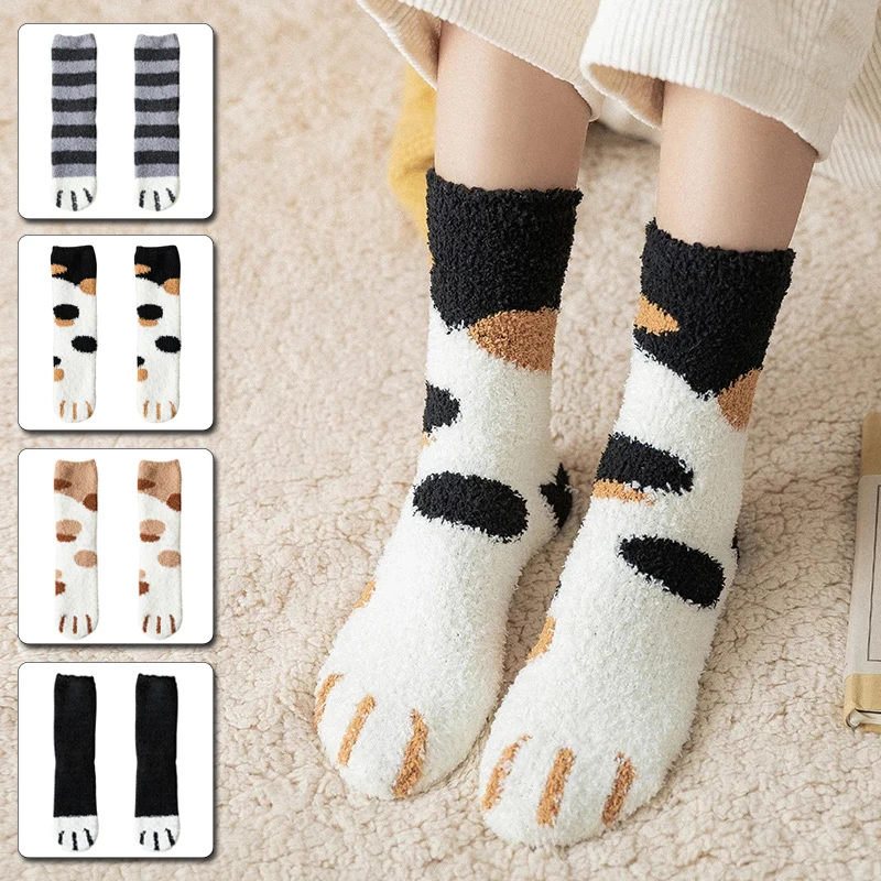 

Plush Winter Cute Style Cat Paw Cartoon Pattern Women Cotton Socks Super Soft For Female Stay in the house Sleeping Floor Sox