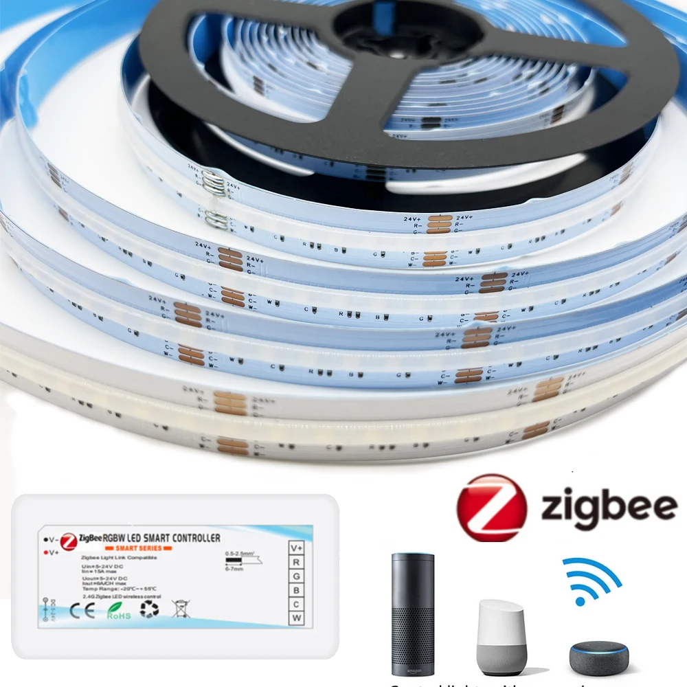 DC24V 5M 10M Tuya ZIGBEE 3,0 RGBCCT светодиодный Светодиодная лента 840 светодиодов/м, гибкая лента высокой плотности FOB COB RA90, линейные фонари с регулируемой яркостью