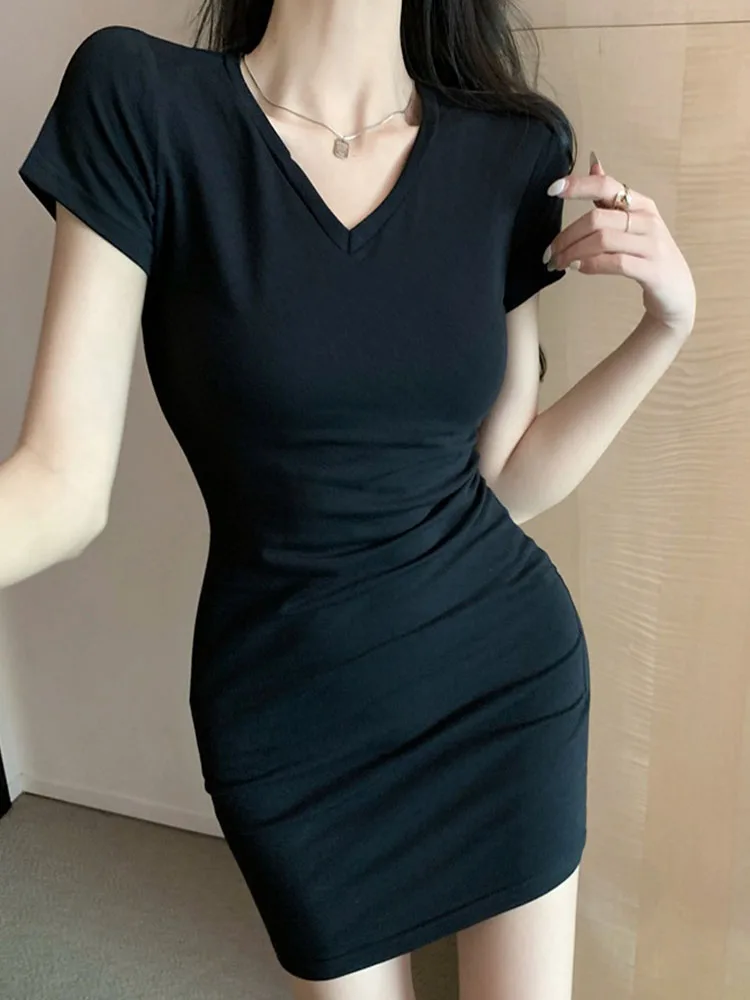 

Women's Basic Dresses Solid Color Short-sleeved Dress V-neck Slim Dress Women's Casual 2022 Summer New High Street Skirt Y2K
