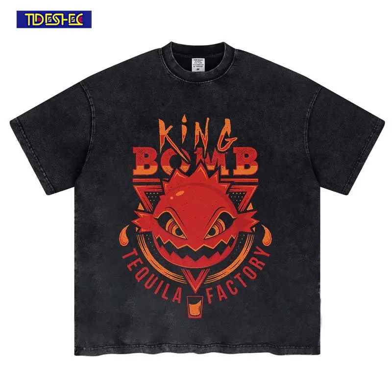 

Vintage Oversized Harajuku Fashion Hip Hop Streetwear Men Washed Cartoon Pattern Print T Shirt Tops Unisex Casual Loose T-shirt