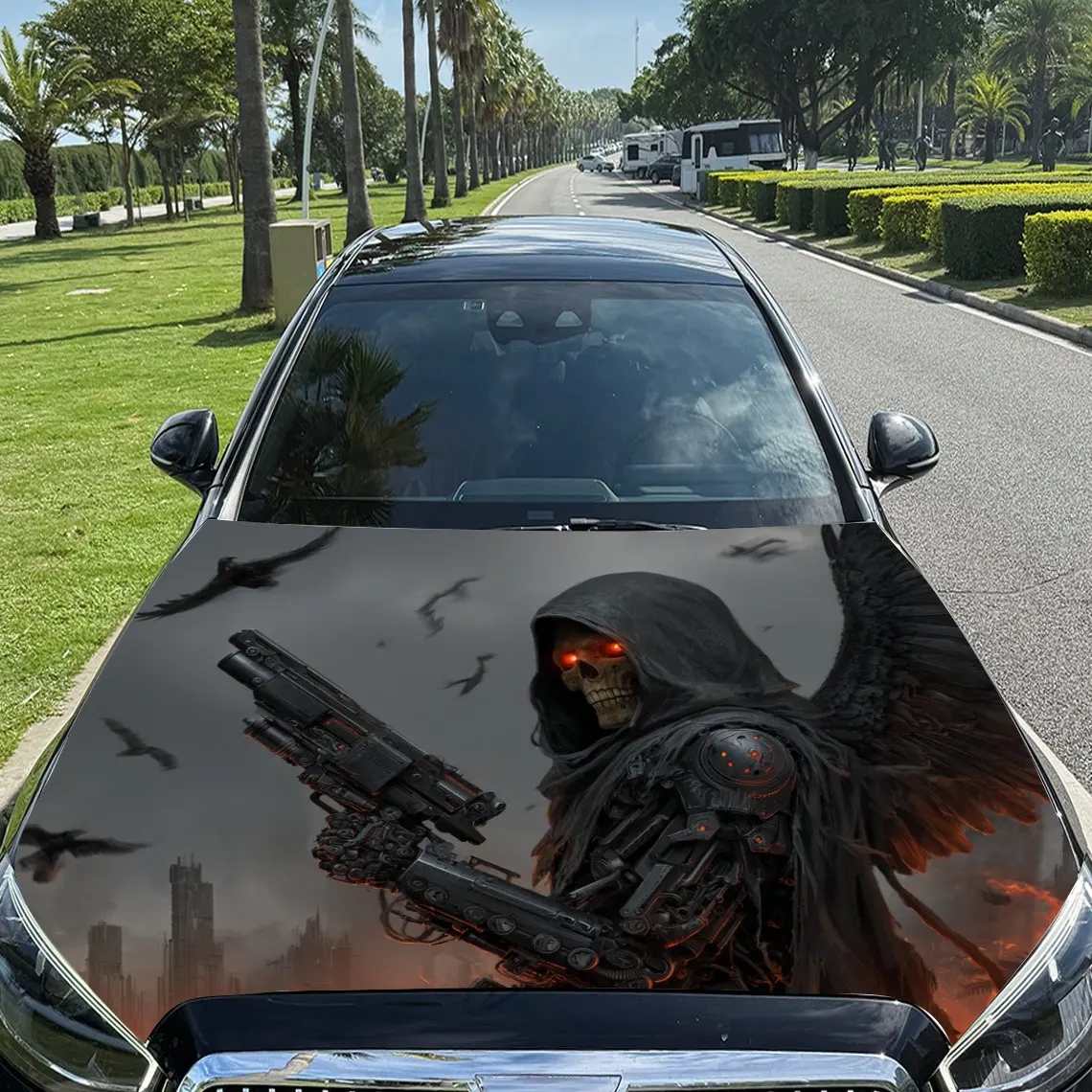 Фото Наклейки на капот автомобиля Cyber Grim Reaper Pattern, водонепроницаемые самоклеящиеся, устойчивые к царапинам, легко приклеиваемые, прочные автомобильные наклейки из ПВХ №1