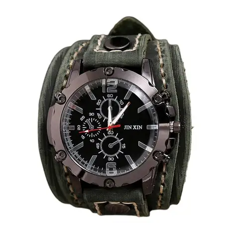 Мужские кварцевые часы с широким ремешком из искусственной кожи