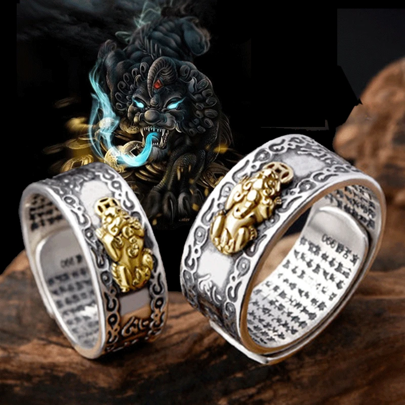 

Pixiu Charms Ring Chinese Feng Shui Amulet Lucky Six-Character Mantra To Attract Wealth Open Adjustable Rings