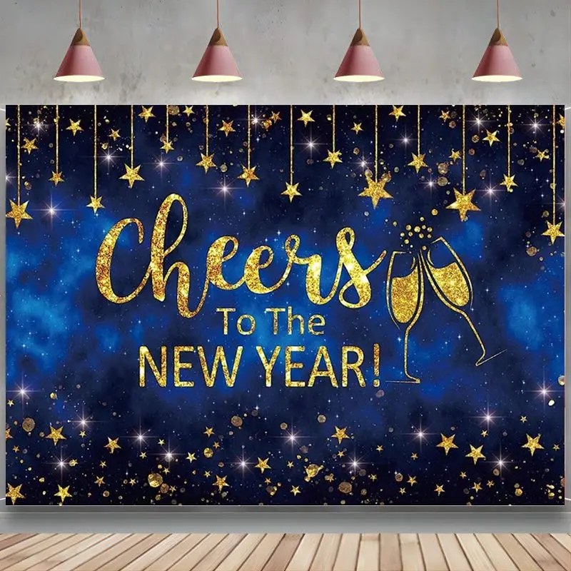 

Blue Starry Sky Happy New Year Backdrop Midnight Photography Background Galaxy Cheers to The New Year Eve Decoration Party Idea