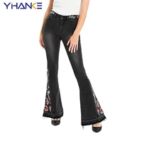 women vintage stretch flare jeans embroidery flower design wide leg pants boot cut denim trousers female runway bell bottom