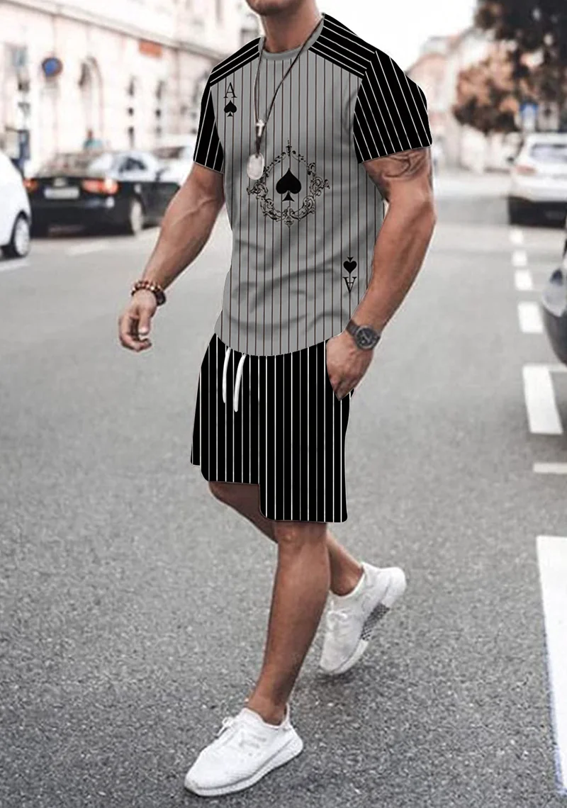 

T-shirt Men's Casual Fashion Stripe Poker Ace Spades Short Sleeve Grey T-shirt&Shorts SET 2023 Summer New Short Sleeve Shorts