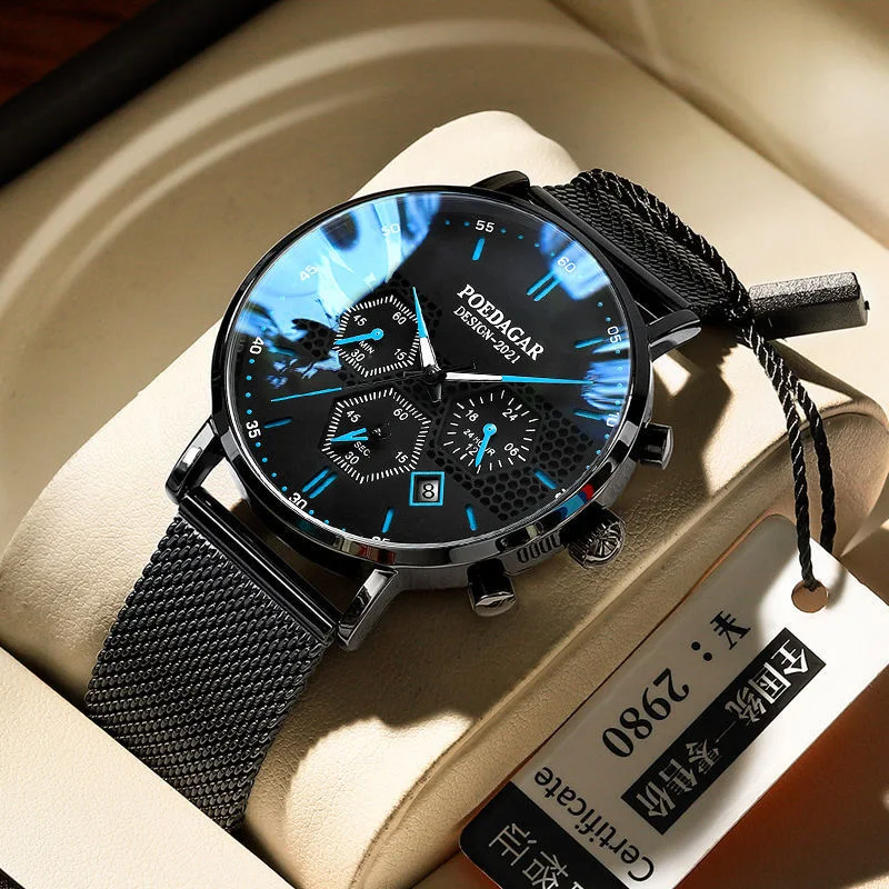 

Swiss Brand POEDAGAR Men Watch Sport Chronograph Waterproof Luminous Date Wristwatch Fashion Ultra Thin Mesh Belt Men's Watches