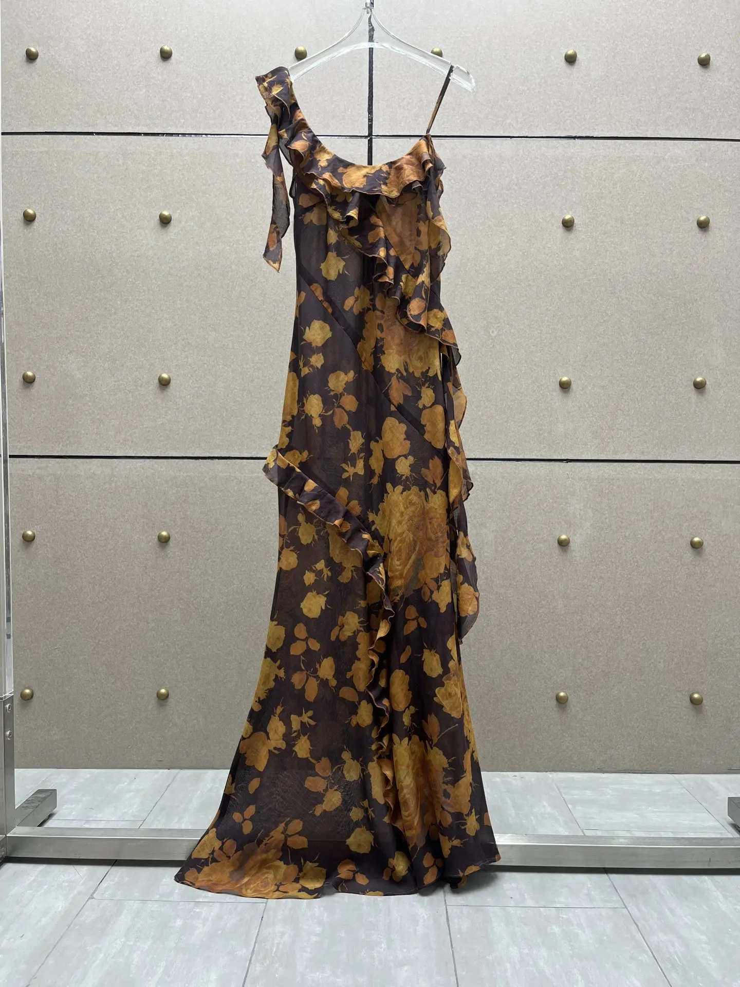 Ruffled irregular print dress, slim and tall5.24