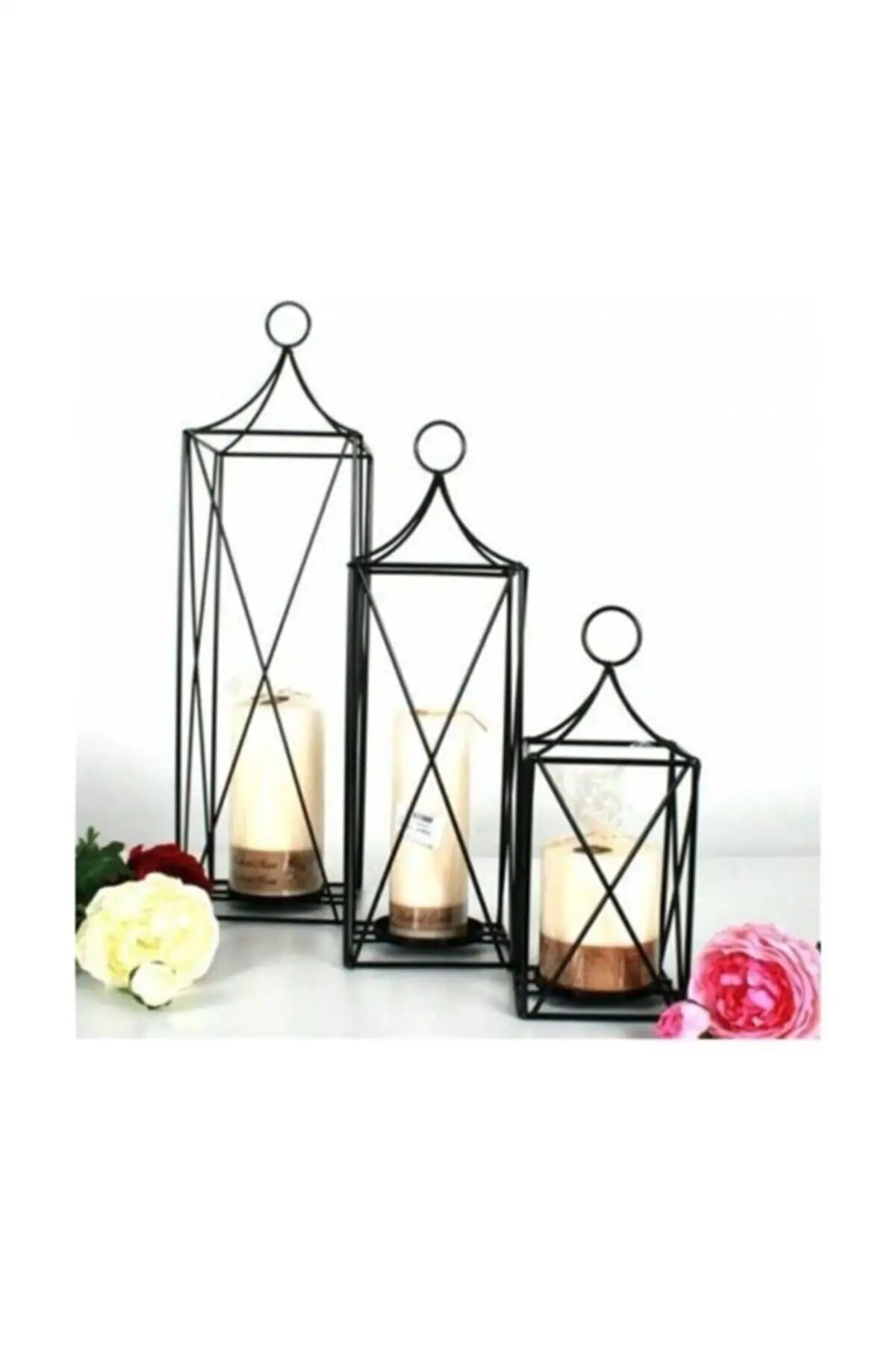 

Black Decorative 3'lü Set Wrought Iron Cage Lantern Candle Holder