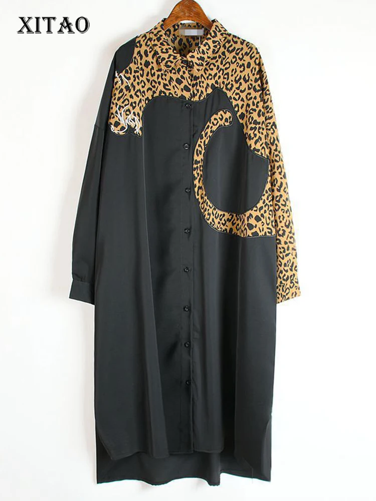 

XITAO Europe Style Leopard Print Stitching Irregular Dress Women Long Sleeve Loose Plus Size Chiffon Dresses for Women WJ1018