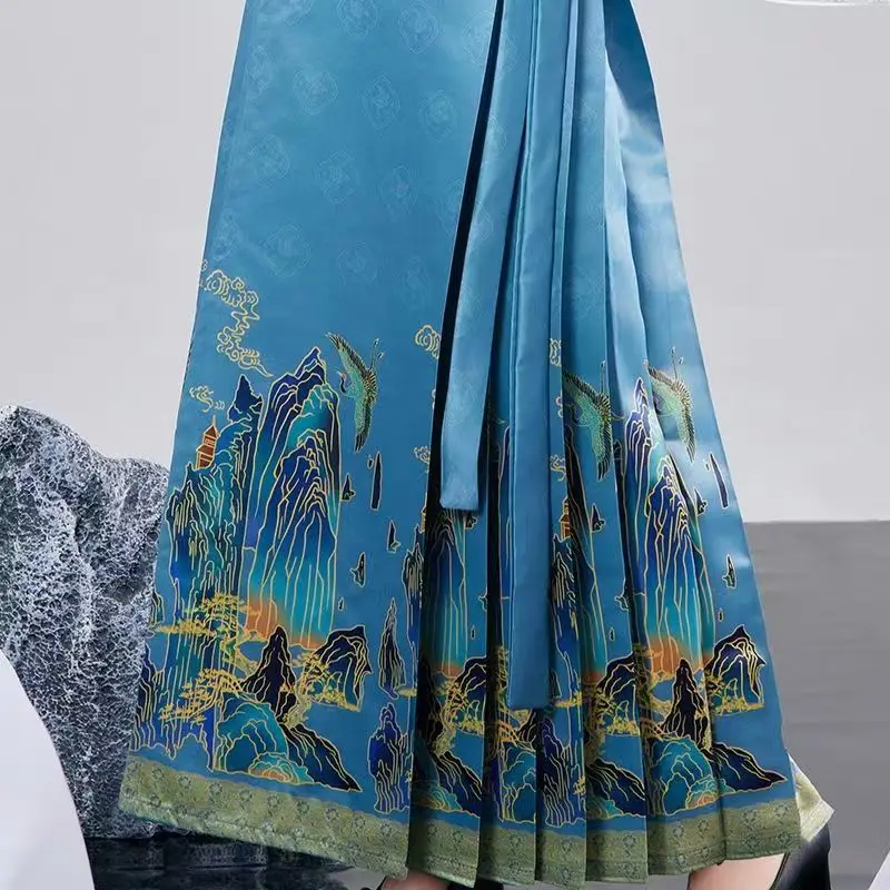 Элегантная синяя юбка с принтом династии Мин Высококачественная китайская