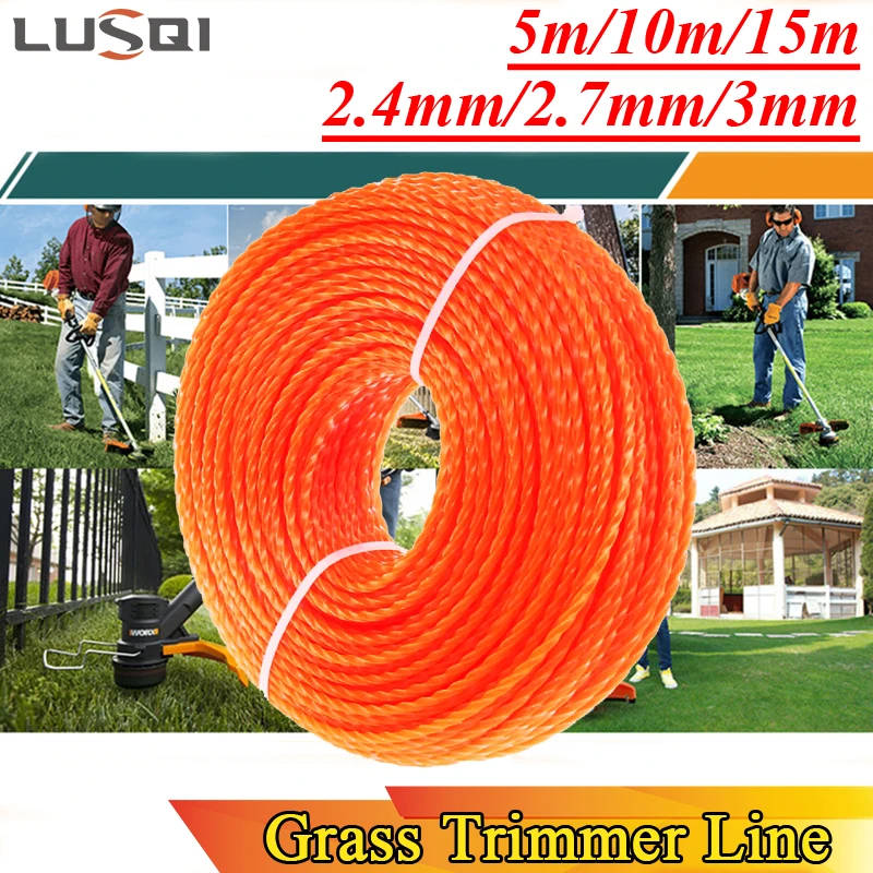 LUSQI 5m/10m/15m*2.4mm/2.7mm/3mm Grass Trimmer Line Nylon Spiral Brush Cutter Rope  Lawn Mower Head Accessory