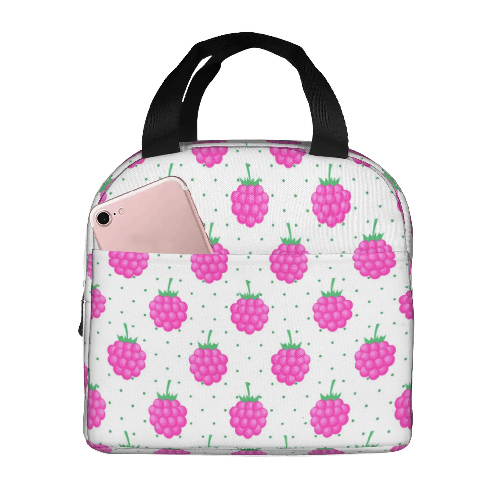 

Pink Raspberries Lunch Bag for Women Large Reusable Insulated Lunch Box for Work, Adult Foldable Tote for Office
