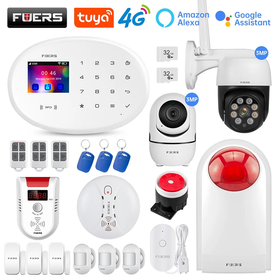 

FUERS 4G GSM WIFI Tuya Smart Home Alarm System Kit Wireless Alarm Security System 3MP IP Camera Control Autodial Siren