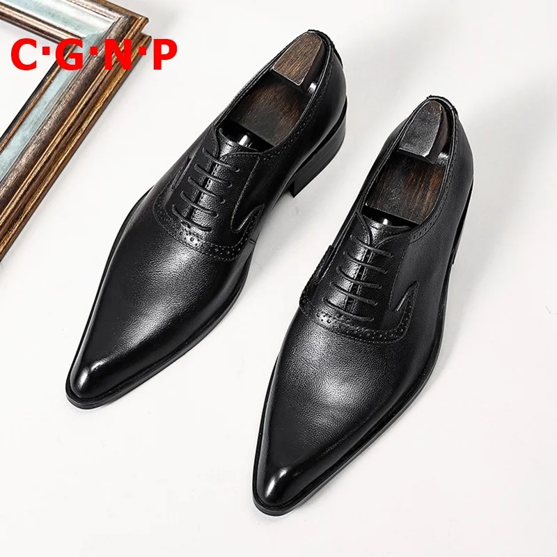 

C·G·N·P New Fashion Black Genuine Leather Pointed Toe Dress Shoes For Men Lace-up Oxford shoes Formal Mens Wedding Shoes