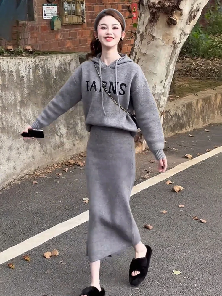 Autumn and Winter Match A Complete Set Small Idle Sle Fashion Women Gray Hood Sweater Skirt Two-piece