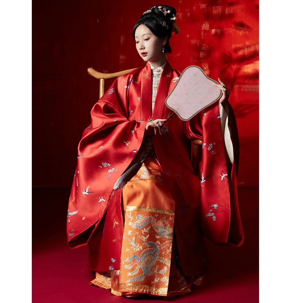 

ChongHuiHanTang Spring Chinese Ancient Ming Dynasty Flower Red Wedding Bride Cloak Women Large Sleeved Hanfu Long Robe Costume