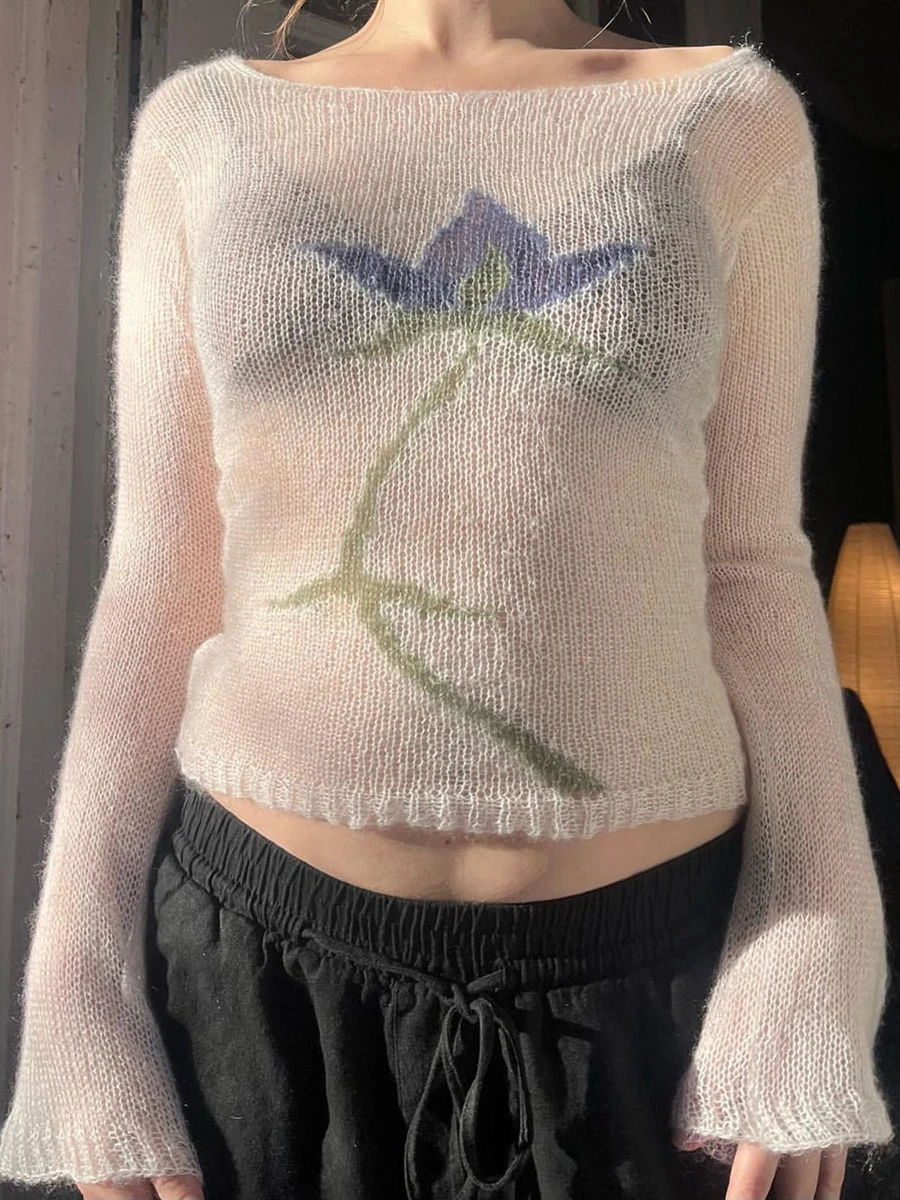 Женский тонкий свитер с цветочным принтом вязаный топ длинными рукавами