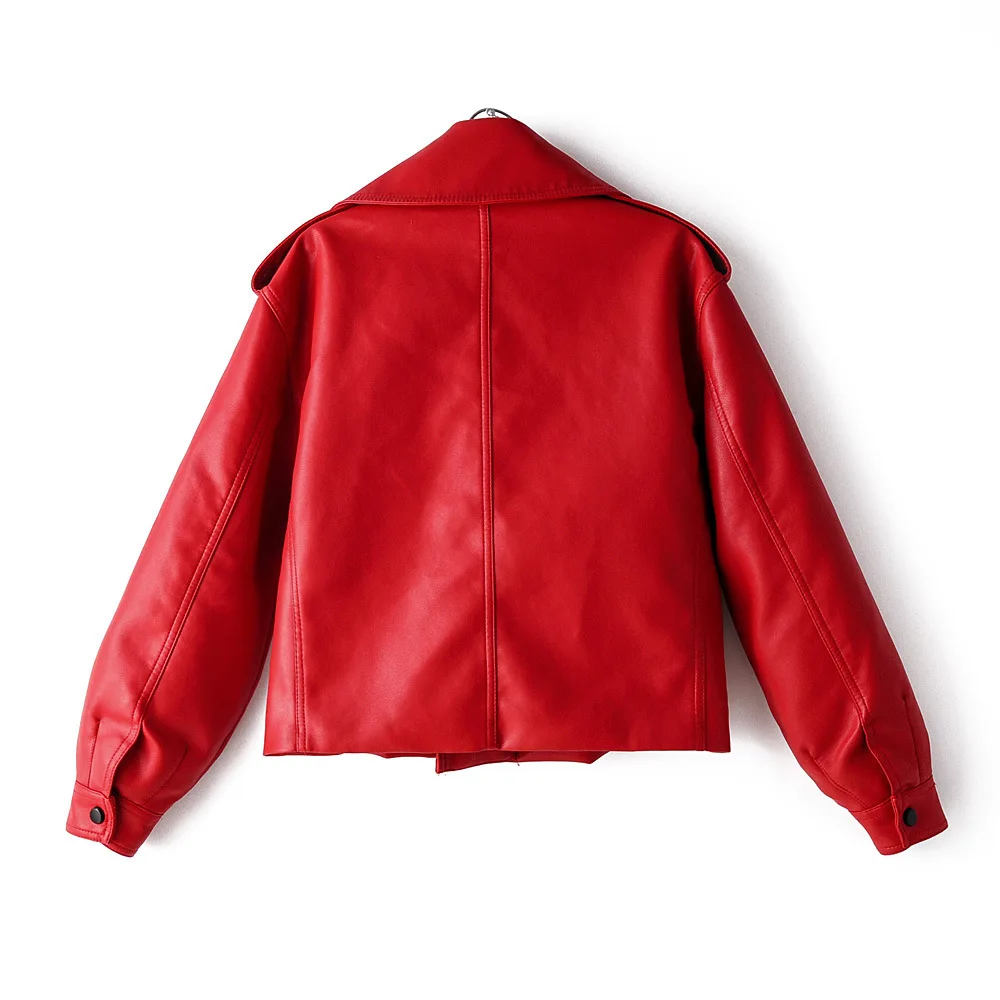 Autumn 2022 European  American Students PU Leather Coat Lapel Pocket Decorated with Short Washed Leather Coat.red Girl Jacket