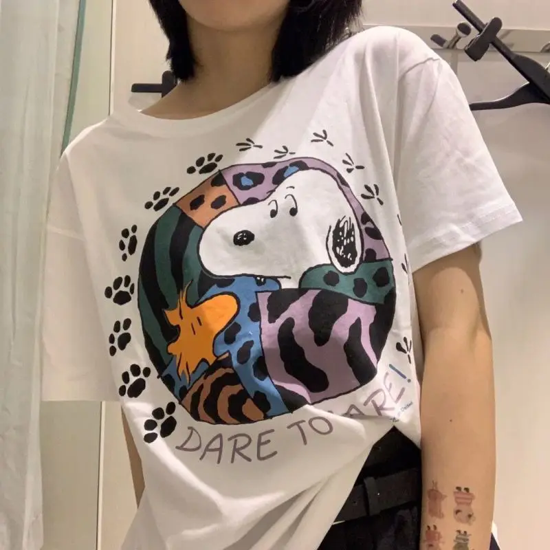 

Футболка Kawaii Snoopy с мультяшным принтом женская летняя футболка из чистого хлопка с круглым вырезом свободная плюшевая с коротким рукавом дл...
