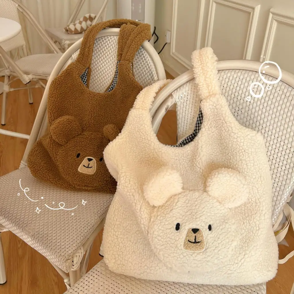 

Soft Plush Tote Bag Women 3D Cartoon Bear Print Kawaii Shoulder Bag For Women Imitation Lamb Hair Warm Winter Handbags Big Bag