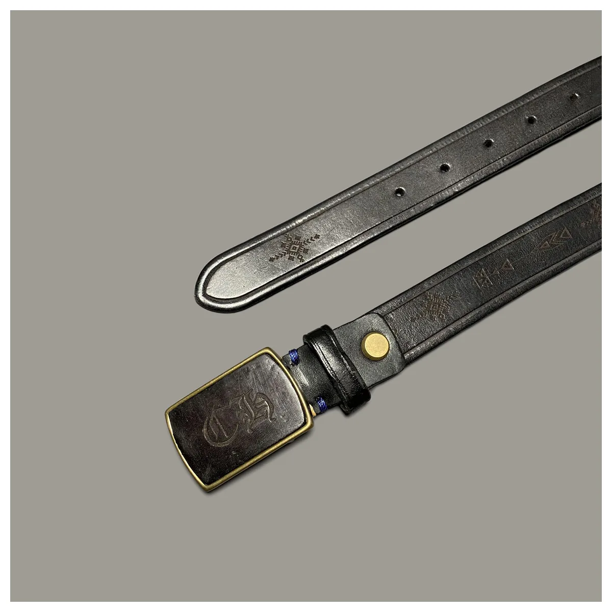 Japanese Tochigi Leather Cowhide Men's and Women's Denim Casual Belt Copper Buckle Leather Kaki Vintage Carved Belt Black