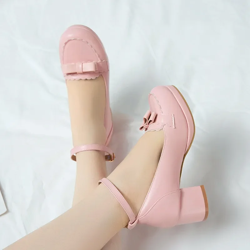 

Pink White Cute Sweet Ladies Heels Bowtie Low Platform Ankle Strap Wedding Shoes Lolita Block High Heel Pumps Summer 2023