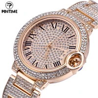 pintime quartz watch women luxury full diamond hip hop iced out watches roman numeral ladies wrist watch clock female wristwatch