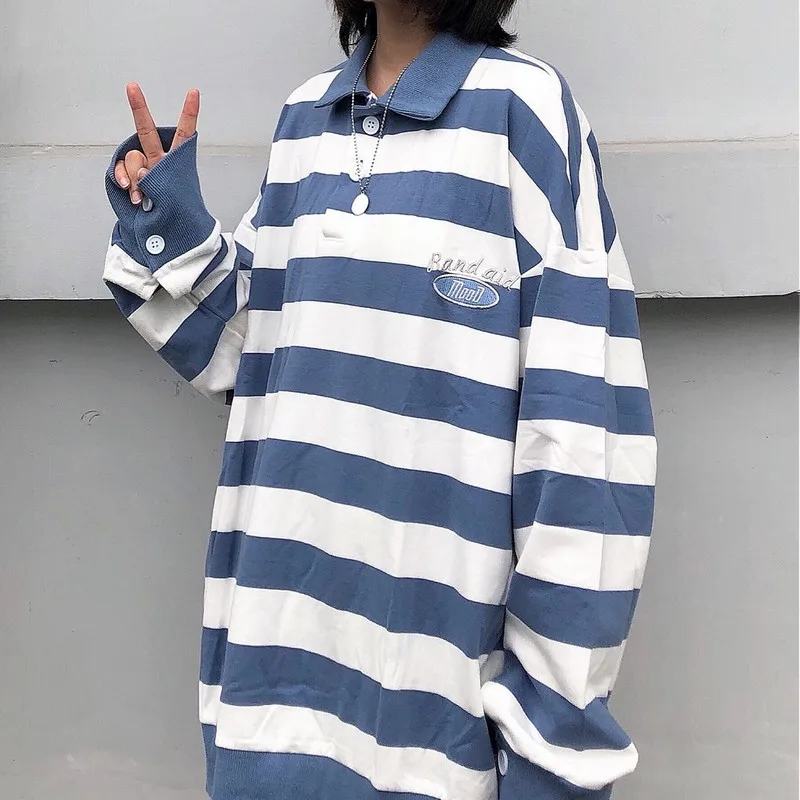 

Striped Polo Shirt Women Oversized Tshirt Unisex Tshirts Spring Shirt Harajuku Casual Loose Long Sleeve Shirt Women Hight Street
