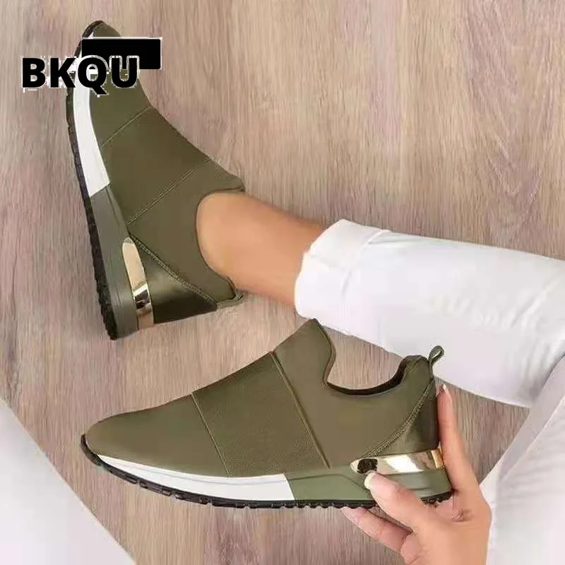 

BKQU 2022 дышащая сетчатая модная повседневная спортивная обувь, легкие кроссовки на танкетке, Женская Вулканизированная обувь