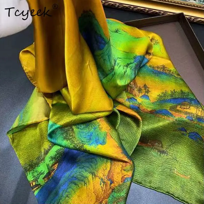 Фото Tcyeek, элегантный платок из 100% чистого шелка 16 мм, 135 см с китайским принтом, ретро-шарф в подарок для мамы, лето-осень 2024 A465119QM №3